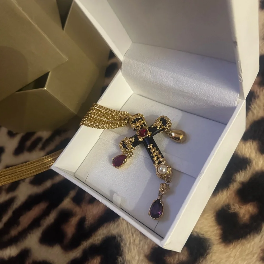 Versace Vintage Gold-Tone Black Cross Pendant Necklace with Red Gem Accents - Picture 2 of 3